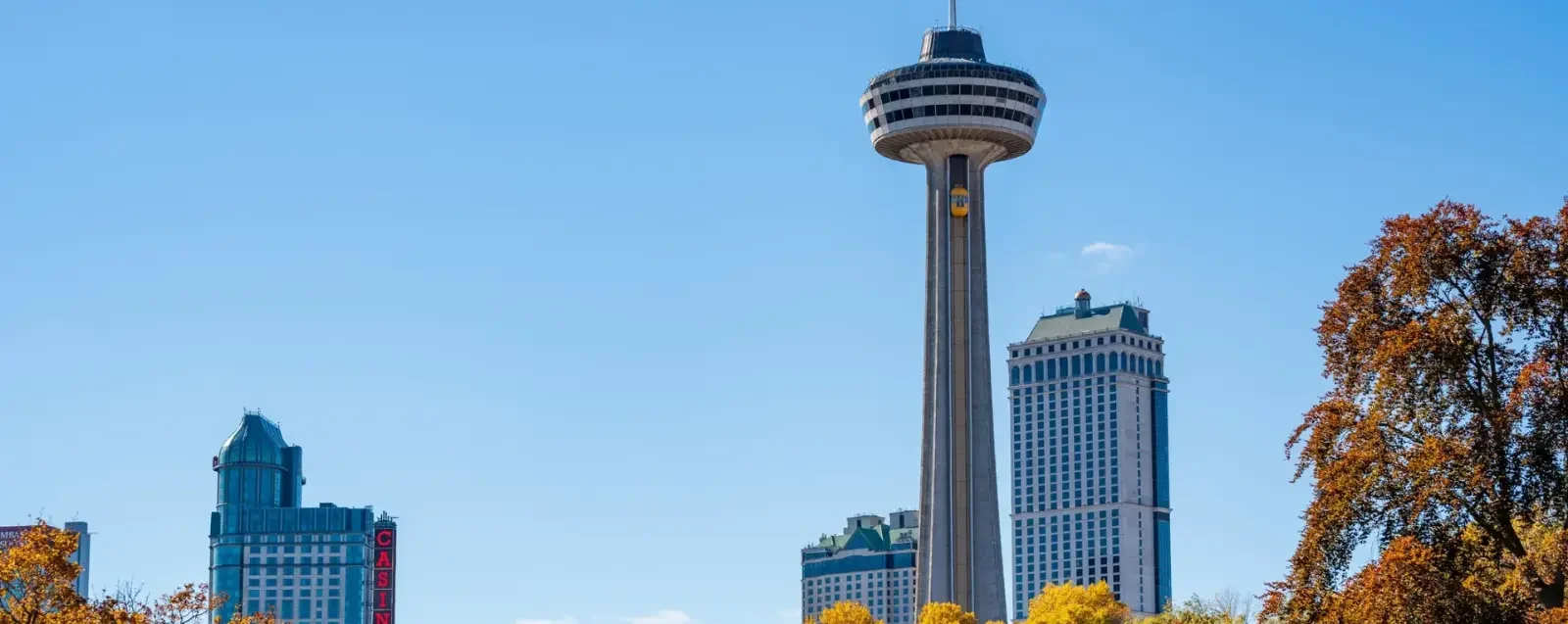 The Niagara Falls skyline framed by autumn maple leaves